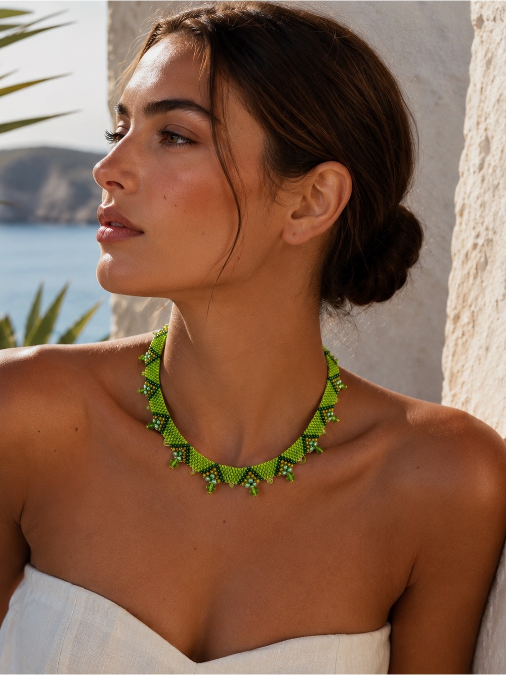 Hand Beaded Lime Green Statement Necklace | Artisan Seed Bead 18”